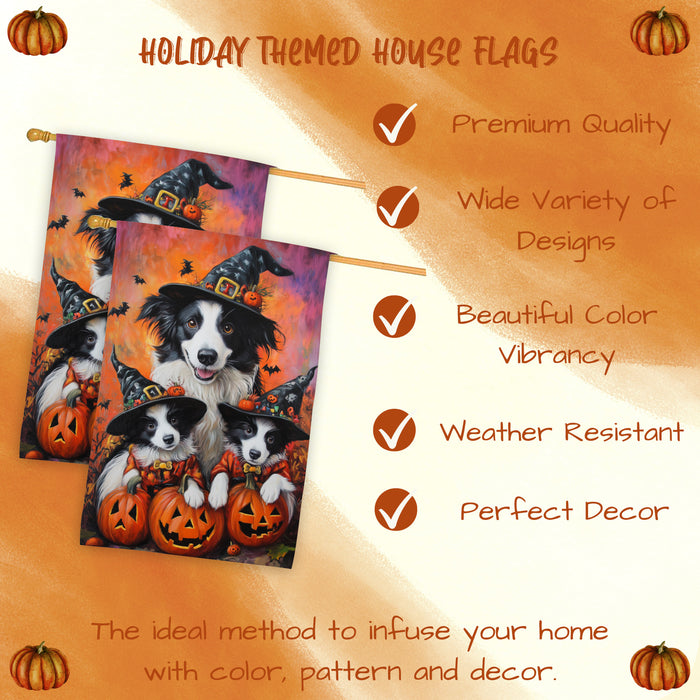 Border Collie Puppies Halloween House Flag Witch Hat Fall Outdoor Decor for Porch Garden and Lawn Dog Lover Gift Autumn Home Decoration