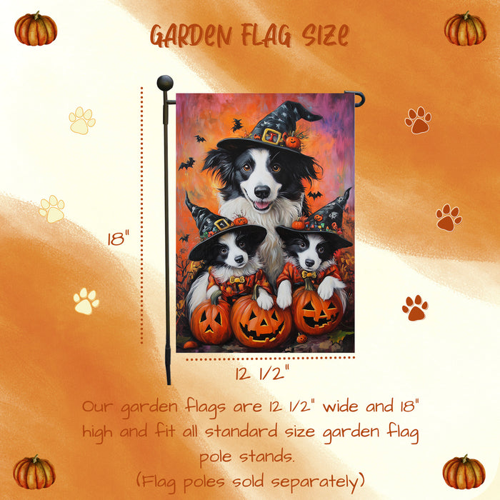 Border Collie Puppies Halloween Witch Hat Garden Flag for Pet Moms Holiday Outdoor Yard Flag Autumn Bats Decorations for Front Yard Home