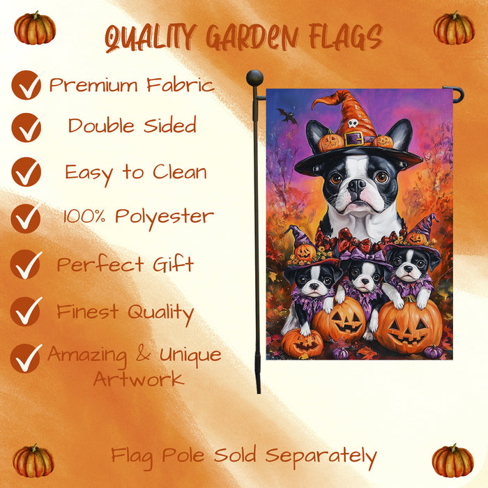 Boston Terrier Puppies Spooky Halloween Pumpkin Garden Flag Rustic Forest Yard Flag Seasonal Farmhouse Fall Thanksgiving Home Outside Decor Mailbox Flag