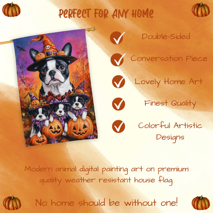 Boston Terrier Puppies Halloween House Flag Spooky Pumpkin Fall Outdoor Decor for Porch Garden and Lawn Rustic Farmhouse Autumn Decoration