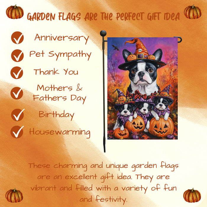 Boston Terrier Puppies Spooky Halloween Pumpkin Garden Flag Rustic Forest Yard Flag Seasonal Farmhouse Fall Thanksgiving Home Outside Decor Mailbox Flag