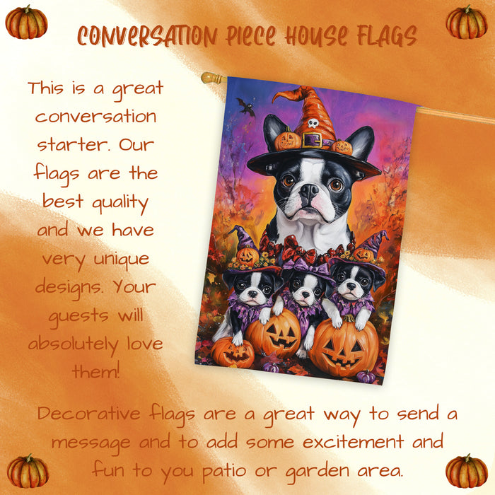 Boston Terrier Puppies Halloween House Flag Spooky Pumpkin Fall Outdoor Decor for Porch Garden and Lawn Rustic Farmhouse Autumn Decoration