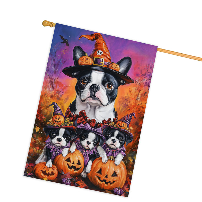 Boston Terrier Puppies Halloween House Flag Spooky Pumpkin Fall Outdoor Decor for Porch Garden and Lawn Rustic Farmhouse Autumn Decoration