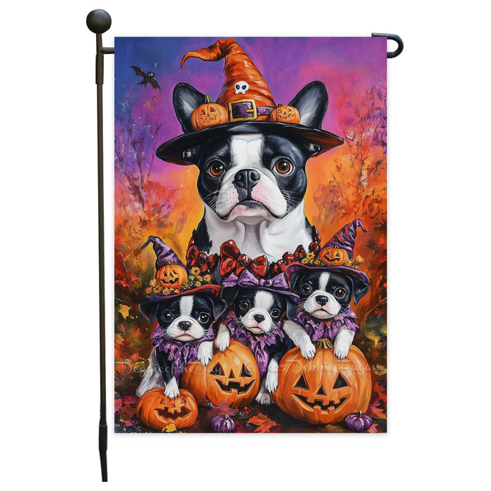 Boston Terrier Puppies Spooky Halloween Pumpkin Garden Flag Rustic Forest Yard Flag Seasonal Farmhouse Fall Thanksgiving Home Outside Decor Mailbox Flag