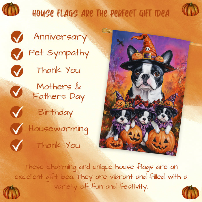 Boston Terrier Puppies Halloween House Flag Spooky Pumpkin Fall Outdoor Decor for Porch Garden and Lawn Rustic Farmhouse Autumn Decoration