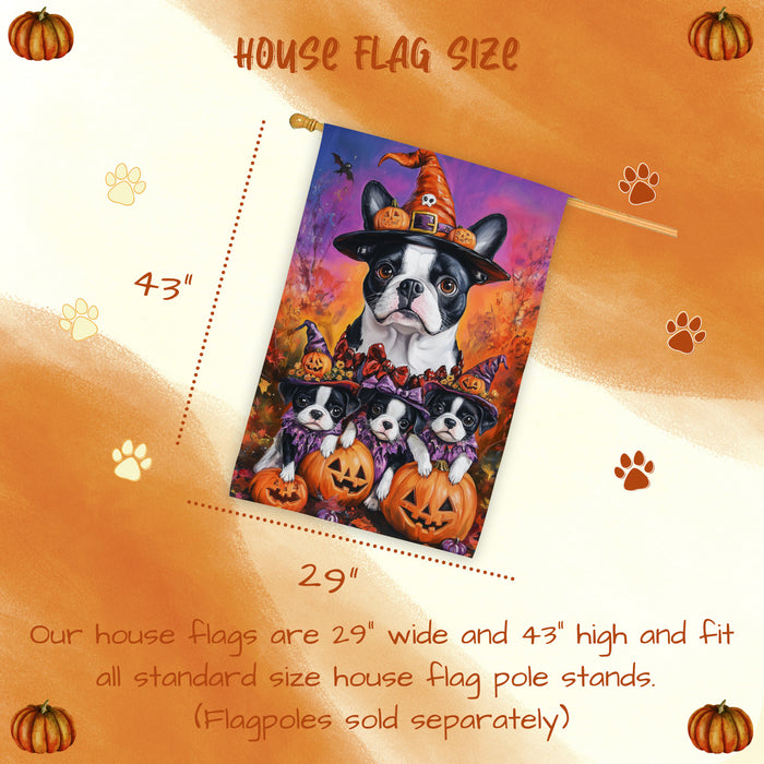 Boston Terrier Puppies Halloween House Flag Spooky Pumpkin Fall Outdoor Decor for Porch Garden and Lawn Rustic Farmhouse Autumn Decoration