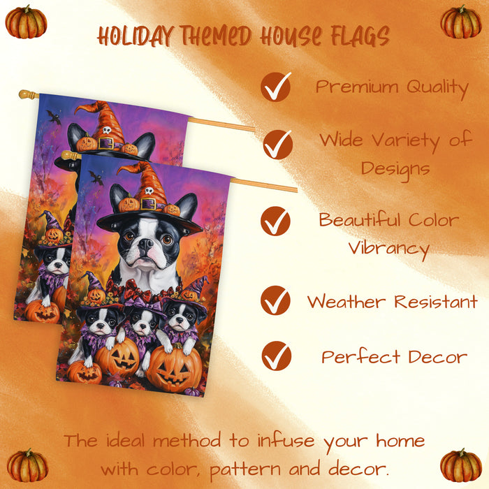Boston Terrier Puppies Halloween House Flag Spooky Pumpkin Fall Outdoor Decor for Porch Garden and Lawn Rustic Farmhouse Autumn Decoration