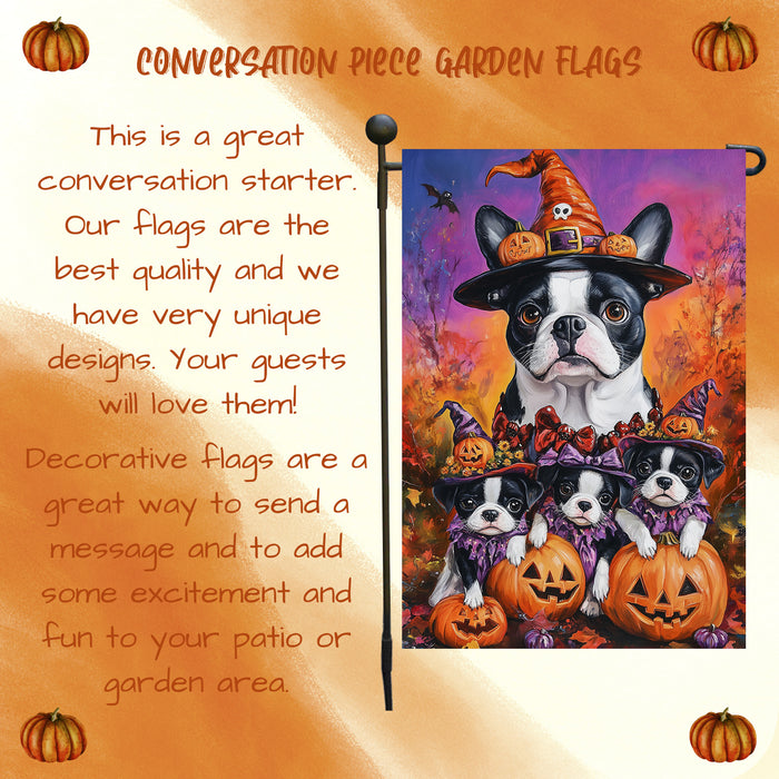 Boston Terrier Puppies Spooky Halloween Pumpkin Garden Flag Rustic Forest Yard Flag Seasonal Farmhouse Fall Thanksgiving Home Outside Decor Mailbox Flag