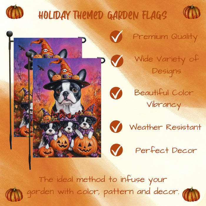Boston Terrier Puppies Spooky Halloween Pumpkin Garden Flag Rustic Forest Yard Flag Seasonal Farmhouse Fall Thanksgiving Home Outside Decor Mailbox Flag