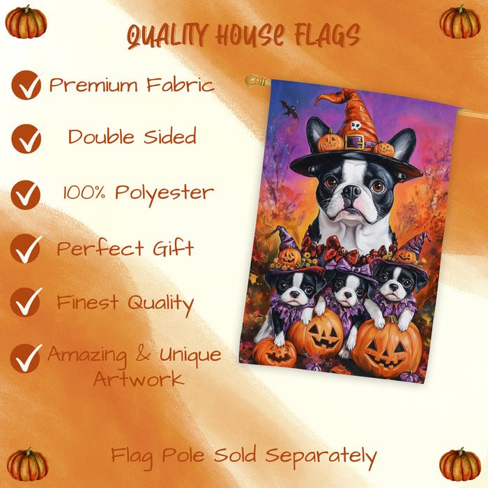 Boston Terrier Puppies Halloween House Flag Spooky Pumpkin Fall Outdoor Decor for Porch Garden and Lawn Rustic Farmhouse Autumn Decoration