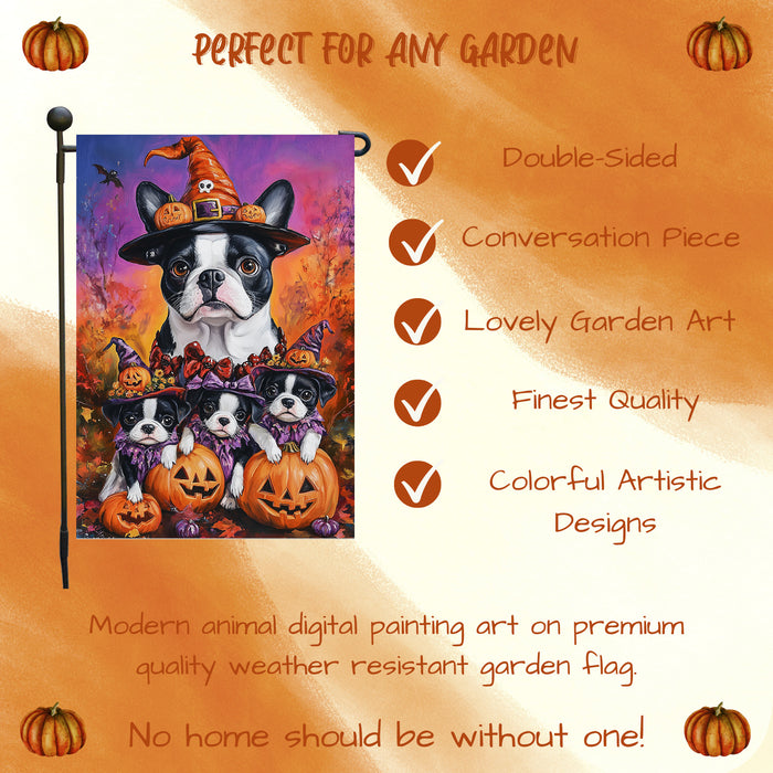 Boston Terrier Puppies Spooky Halloween Pumpkin Garden Flag Rustic Forest Yard Flag Seasonal Farmhouse Fall Thanksgiving Home Outside Decor Mailbox Flag