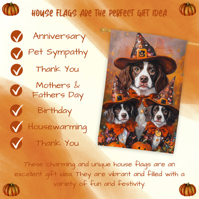 Brittany Spaniel Dog Halloween House Flag Jack O Lantern Fall Outdoor Decor for Porch Garden and Lawn Rustic Autumn Home Decoration