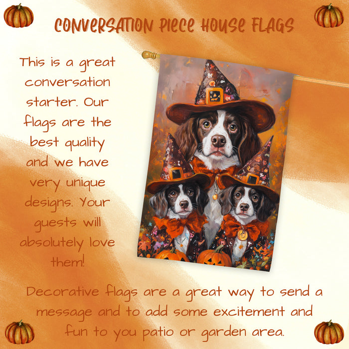 Brittany Spaniel Dog Halloween House Flag Jack O Lantern Fall Outdoor Decor for Porch Garden and Lawn Rustic Autumn Home Decoration