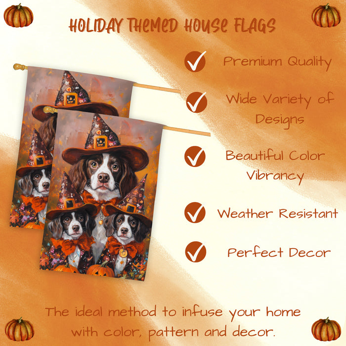 Brittany Spaniel Dog Halloween House Flag Jack O Lantern Fall Outdoor Decor for Porch Garden and Lawn Rustic Autumn Home Decoration