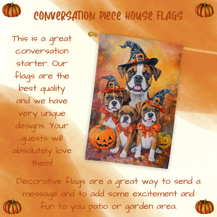 Boxer Dog Halloween House Flag with Bandana Pumpkin Forest Fall Outdoor Decor Rustic Farmhouse Autumn Home Decoration for Porch Garden and Lawn