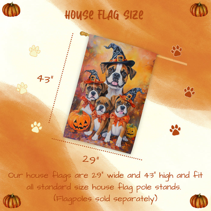 Boxer Dog Halloween House Flag with Bandana Pumpkin Forest Fall Outdoor Decor Rustic Farmhouse Autumn Home Decoration for Porch Garden and Lawn