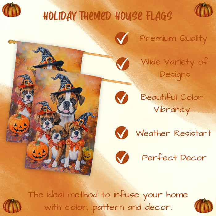 Boxer Dog Halloween House Flag with Bandana Pumpkin Forest Fall Outdoor Decor Rustic Farmhouse Autumn Home Decoration for Porch Garden and Lawn