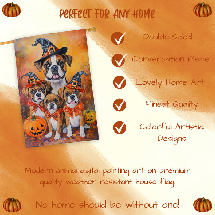 Boxer Dog Halloween House Flag with Bandana Pumpkin Forest Fall Outdoor Decor Rustic Farmhouse Autumn Home Decoration for Porch Garden and Lawn