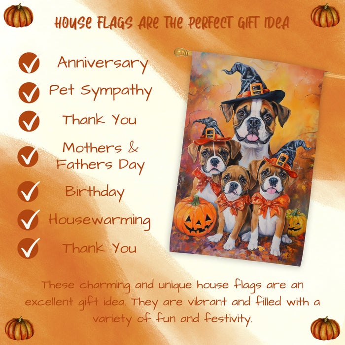 Boxer Dog Halloween House Flag with Bandana Pumpkin Forest Fall Outdoor Decor Rustic Farmhouse Autumn Home Decoration for Porch Garden and Lawn