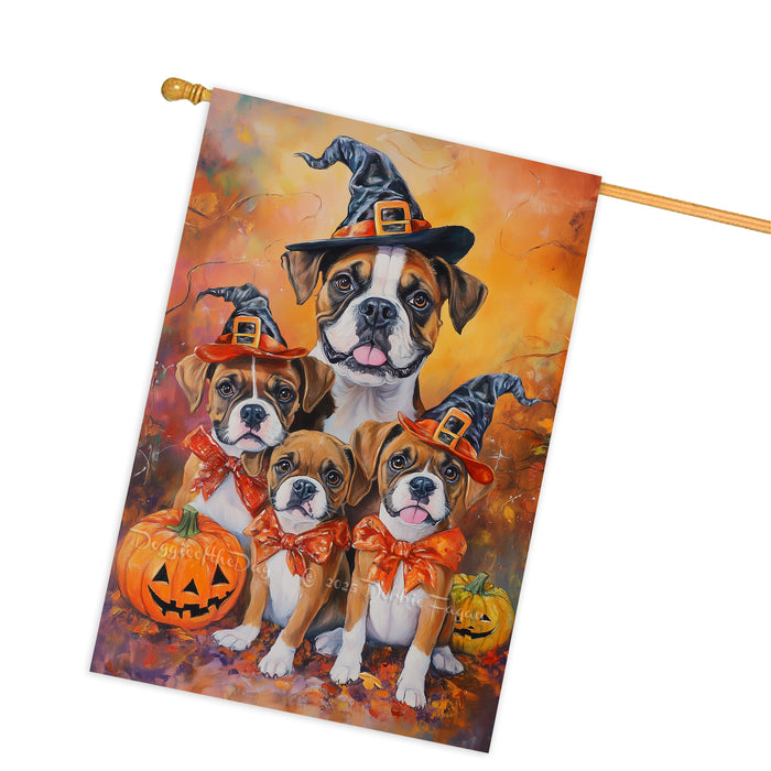 Boxer Dog Halloween House Flag with Bandana Pumpkin Forest Fall Outdoor Decor Rustic Farmhouse Autumn Home Decoration for Porch Garden and Lawn