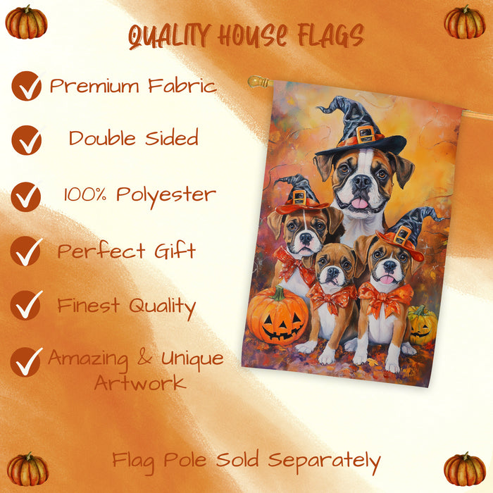 Boxer Dog Halloween House Flag with Bandana Pumpkin Forest Fall Outdoor Decor Rustic Farmhouse Autumn Home Decoration for Porch Garden and Lawn