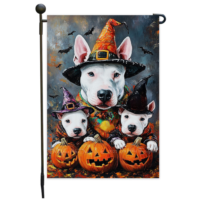 Bull Terrier With Pumpkin Dog Garden Flag Outdoor Yard Decorations House Banner for Dog Dads Garden Bats Rustic Patio Sign Halloween Party Decoration