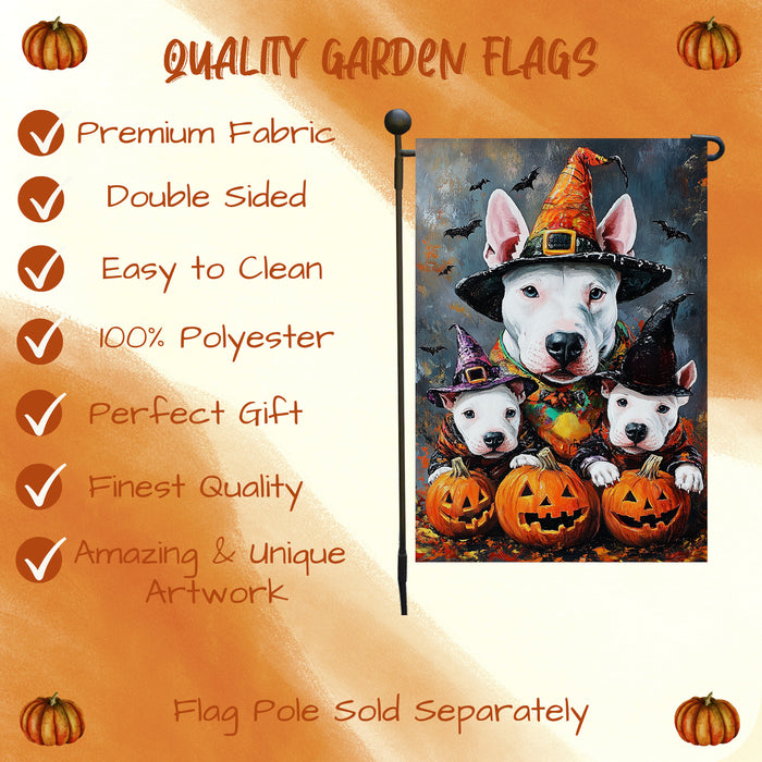 Bull Terrier With Pumpkin Dog Garden Flag Outdoor Yard Decorations House Banner for Dog Dads Garden Bats Rustic Patio Sign Halloween Party Decoration