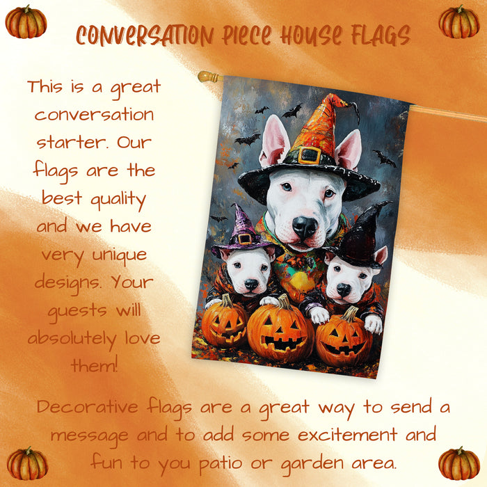 Bull Terrier Dog Halloween House Flag Pumpkin Fall Outdoor Decor for Porch Garden and Lawn Rustic Farmhouse Autumn Home Decoration