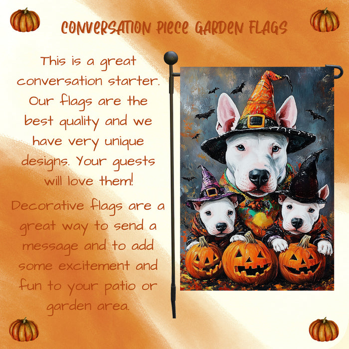 Bull Terrier With Pumpkin Dog Garden Flag Outdoor Yard Decorations House Banner for Dog Dads Garden Bats Rustic Patio Sign Halloween Party Decoration