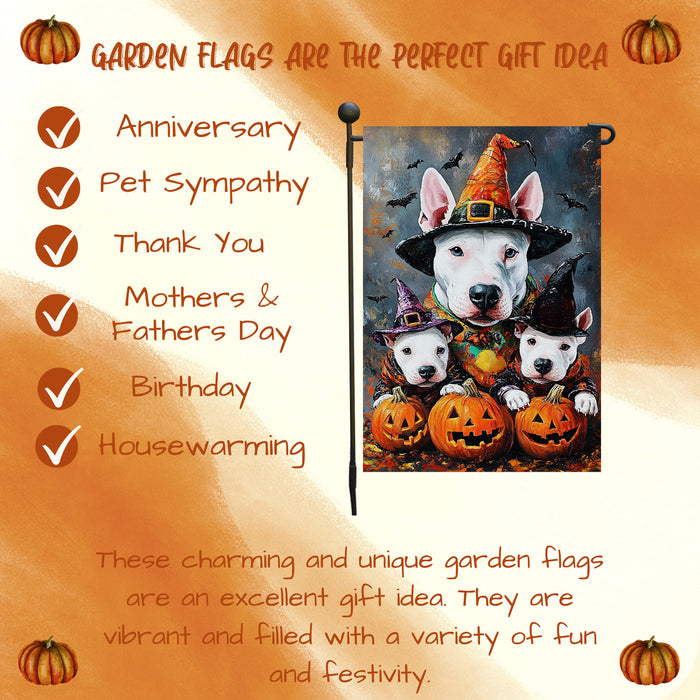 Bull Terrier With Pumpkin Dog Garden Flag Outdoor Yard Decorations House Banner for Dog Dads Garden Bats Rustic Patio Sign Halloween Party Decoration