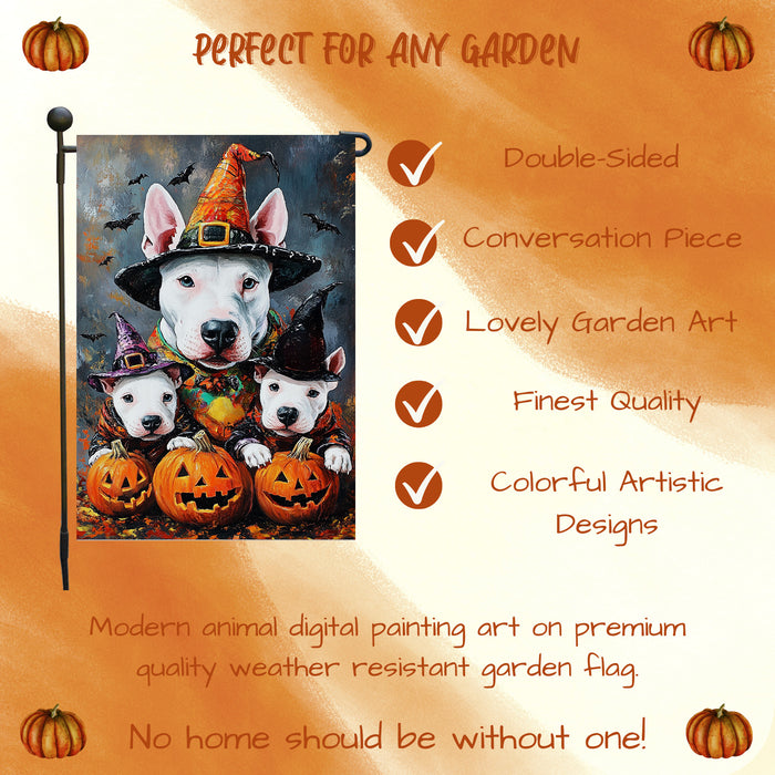 Bull Terrier With Pumpkin Dog Garden Flag Outdoor Yard Decorations House Banner for Dog Dads Garden Bats Rustic Patio Sign Halloween Party Decoration