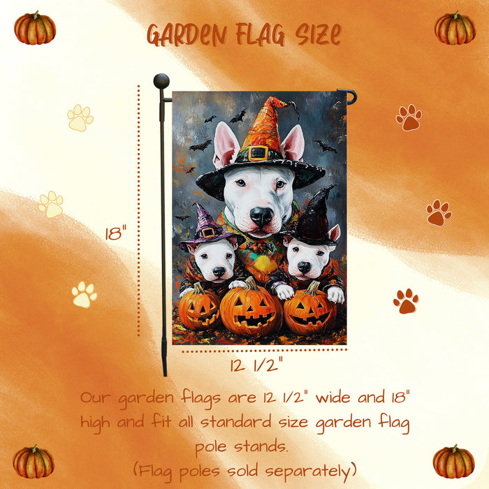 Bull Terrier With Pumpkin Dog Garden Flag Outdoor Yard Decorations House Banner for Dog Dads Garden Bats Rustic Patio Sign Halloween Party Decoration