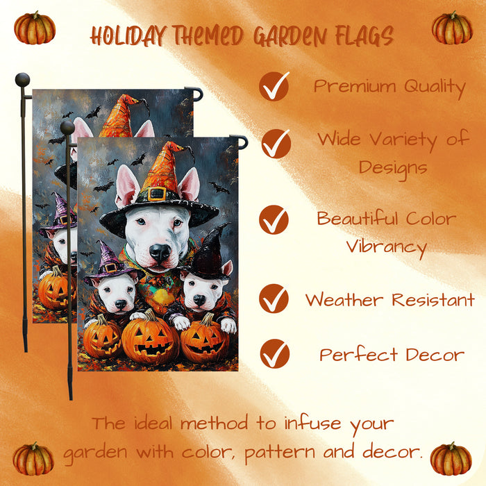Bull Terrier With Pumpkin Dog Garden Flag Outdoor Yard Decorations House Banner for Dog Dads Garden Bats Rustic Patio Sign Halloween Party Decoration