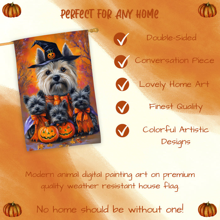Cairn Terrier Dog Halloween House Flag Pumpkin Witch Hat Fall Outdoor Decor for Porch Garden and Lawn Rustic Farmhouse Autumn Decoration