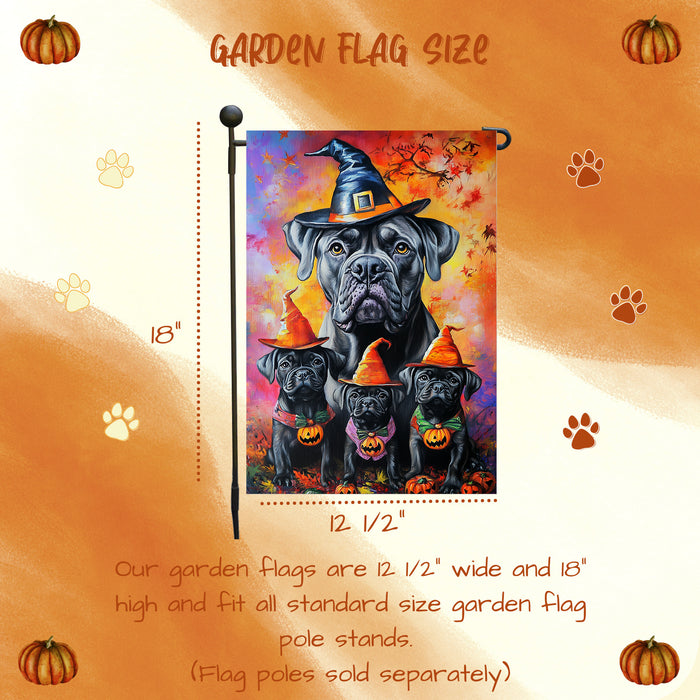 Cane Corso Garden Flag with Witch Hat Bandana Pumpkin and Maple Leaves Fall Farmhouse Home Decoration Gift for Dog Lovers Halloween Holiday Lawn Pathway Flag Banner