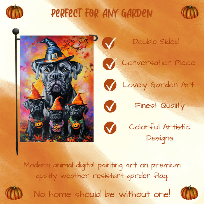Cane Corso Garden Flag with Witch Hat Bandana Pumpkin and Maple Leaves Fall Farmhouse Home Decoration Gift for Dog Lovers Halloween Holiday Lawn Pathway Flag Banner