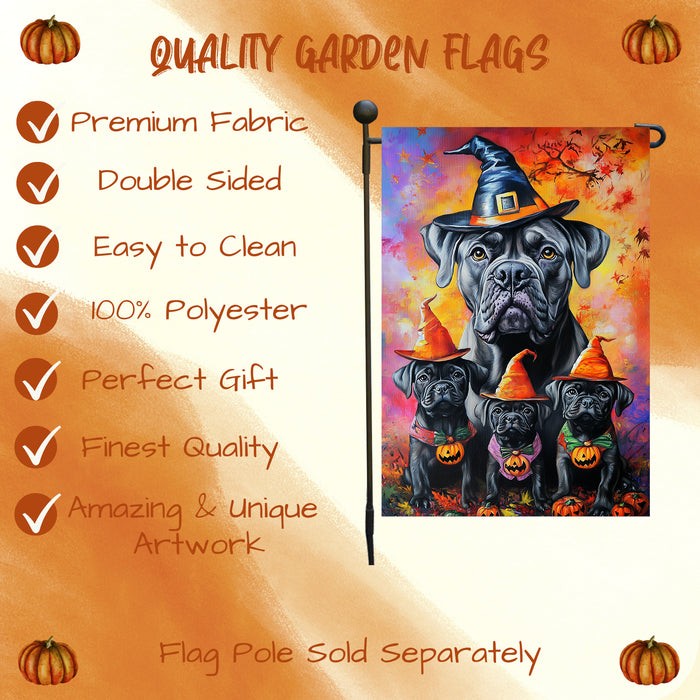 Cane Corso Garden Flag with Witch Hat Bandana Pumpkin and Maple Leaves Fall Farmhouse Home Decoration Gift for Dog Lovers Halloween Holiday Lawn Pathway Flag Banner