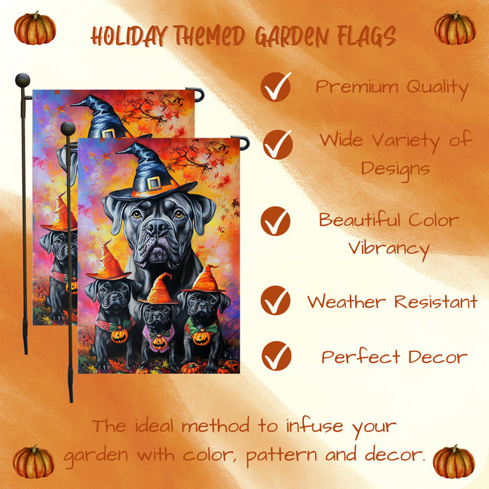 Cane Corso Garden Flag with Witch Hat Bandana Pumpkin and Maple Leaves Fall Farmhouse Home Decoration Gift for Dog Lovers Halloween Holiday Lawn Pathway Flag Banner