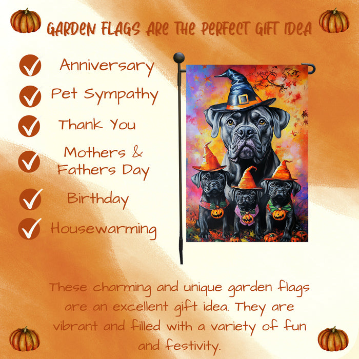 Cane Corso Garden Flag with Witch Hat Bandana Pumpkin and Maple Leaves Fall Farmhouse Home Decoration Gift for Dog Lovers Halloween Holiday Lawn Pathway Flag Banner