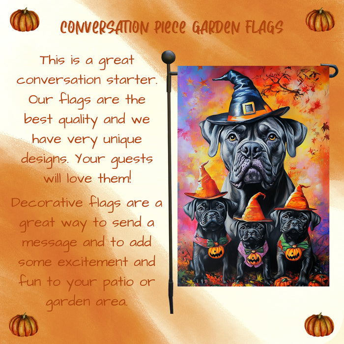 Cane Corso Garden Flag with Witch Hat Bandana Pumpkin and Maple Leaves Fall Farmhouse Home Decoration Gift for Dog Lovers Halloween Holiday Lawn Pathway Flag Banner