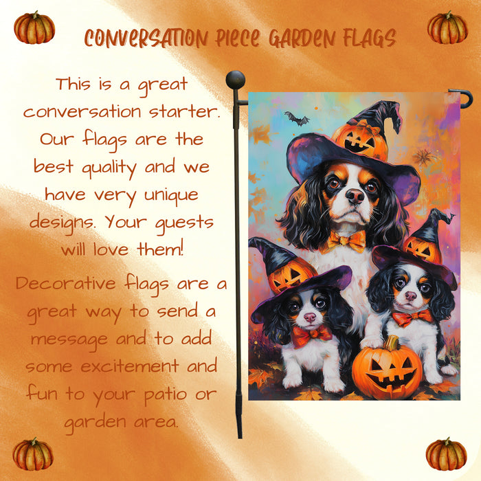 Cavalier King Charles Spaniel Witch Hat Garden Flag for Halloween Pumpkin Bats Autumn Yard Banner for Outside Spooky Decoration for Fall Party Lawn Decor