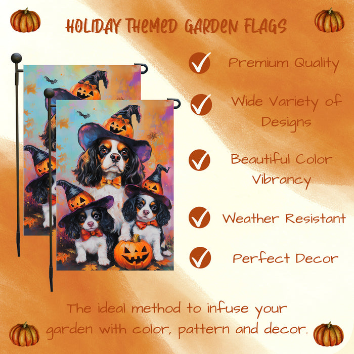 Cavalier King Charles Spaniel Witch Hat Garden Flag for Halloween Pumpkin Bats Autumn Yard Banner for Outside Spooky Decoration for Fall Party Lawn Decor