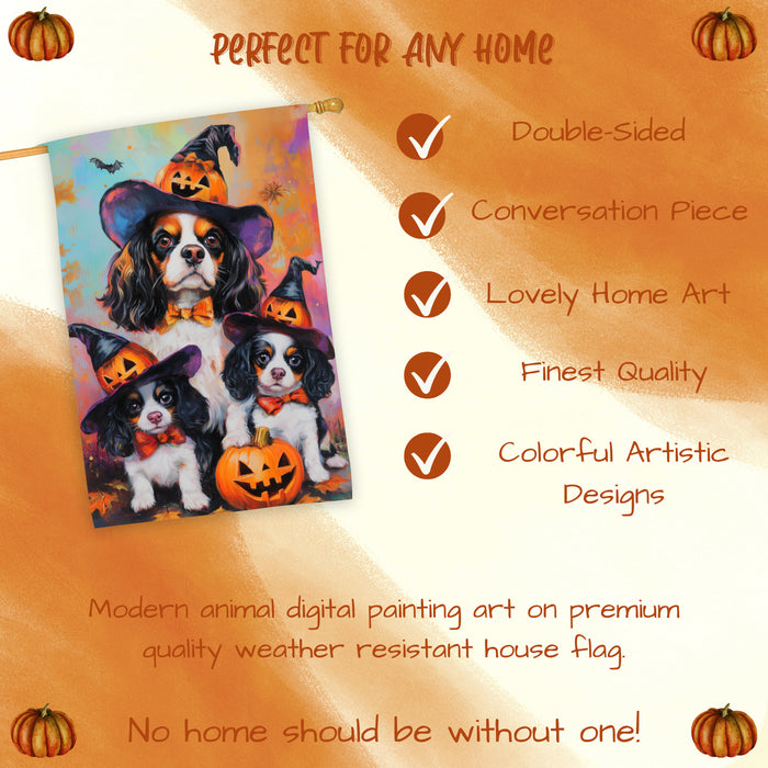 Cavalier King Charles Spaniel Spooky Halloween House Flag Fall Pumpkin Outdoor Welcome Banner for Porch Yard or Farmhouse Dog Owner Gift