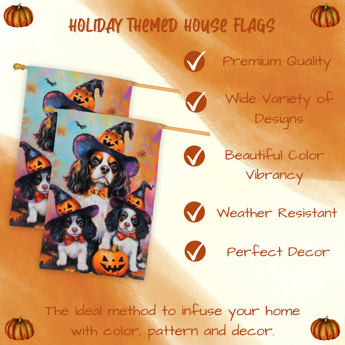 Cavalier King Charles Spaniel Spooky Halloween House Flag Fall Pumpkin Outdoor Welcome Banner for Porch Yard or Farmhouse Dog Owner Gift