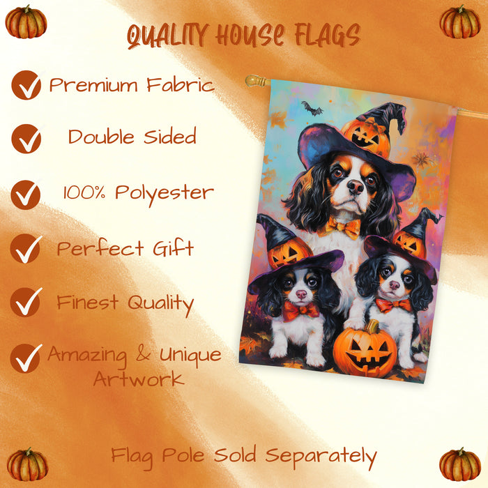 Cavalier King Charles Spaniel Spooky Halloween House Flag Fall Pumpkin Outdoor Welcome Banner for Porch Yard or Farmhouse Dog Owner Gift