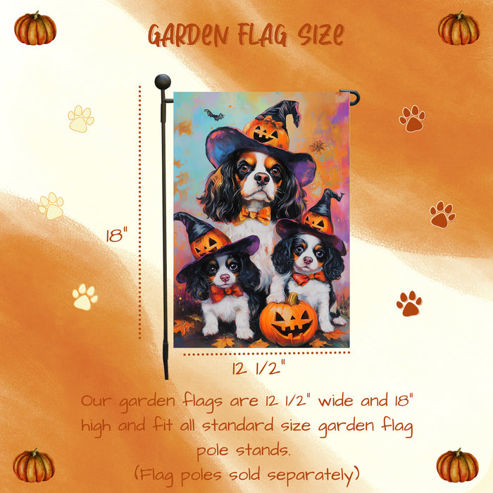 Cavalier King Charles Spaniel Witch Hat Garden Flag for Halloween Pumpkin Bats Autumn Yard Banner for Outside Spooky Decoration for Fall Party Lawn Decor