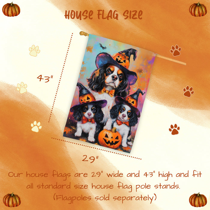 Cavalier King Charles Spaniel Spooky Halloween House Flag Fall Pumpkin Outdoor Welcome Banner for Porch Yard or Farmhouse Dog Owner Gift