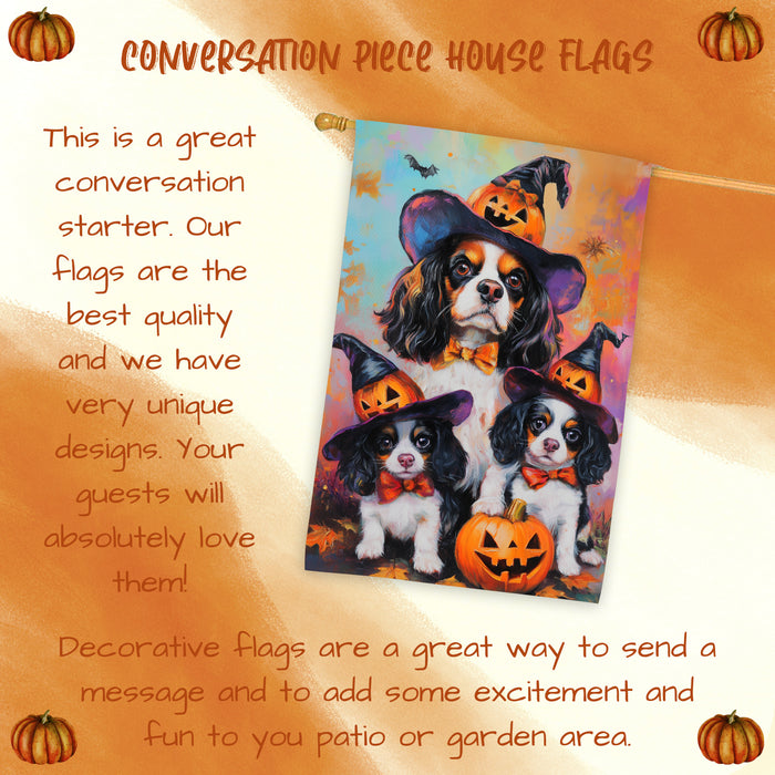 Cavalier King Charles Spaniel Spooky Halloween House Flag Fall Pumpkin Outdoor Welcome Banner for Porch Yard or Farmhouse Dog Owner Gift