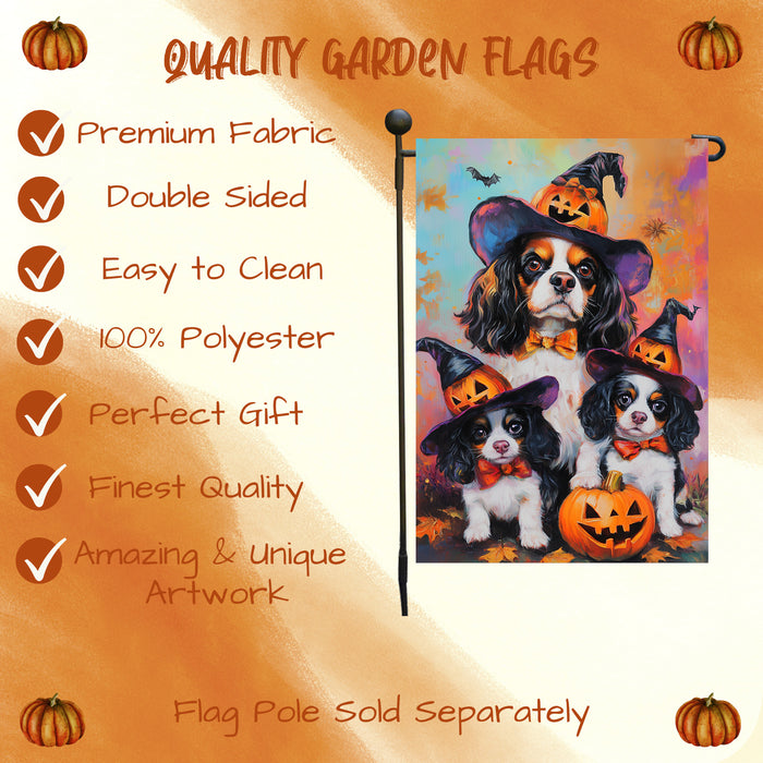 Cavalier King Charles Spaniel Witch Hat Garden Flag for Halloween Pumpkin Bats Autumn Yard Banner for Outside Spooky Decoration for Fall Party Lawn Decor