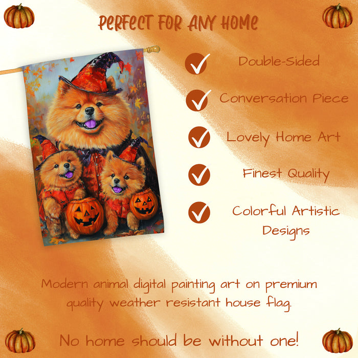 Chow Chow Dog Halloween House Flag Spooky Pumpkin Fall Outdoor Decor Rustic Autumn Maple Leaves Banner for Porch Garden and Lawn